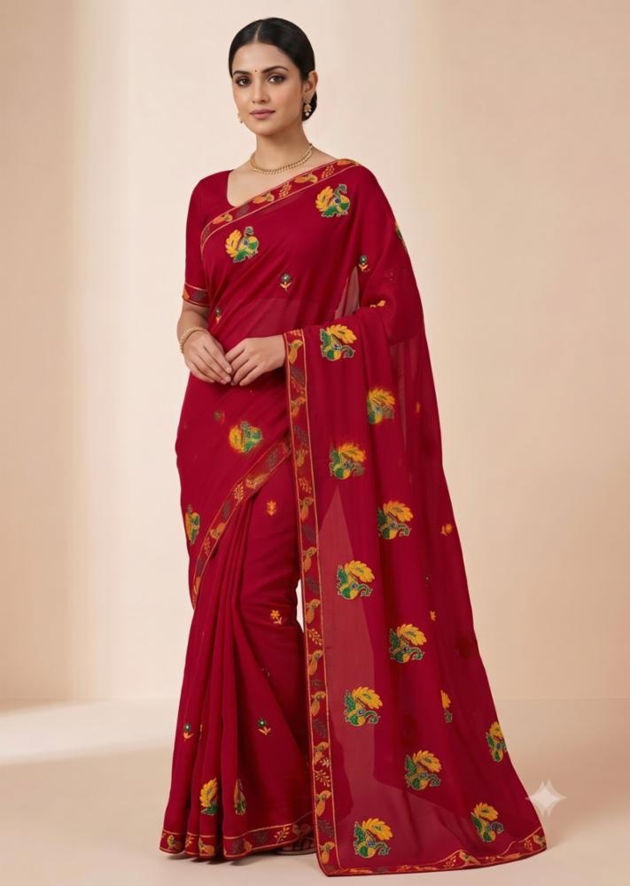 Saree with Embroidered Peacock Motifs & Stone Work