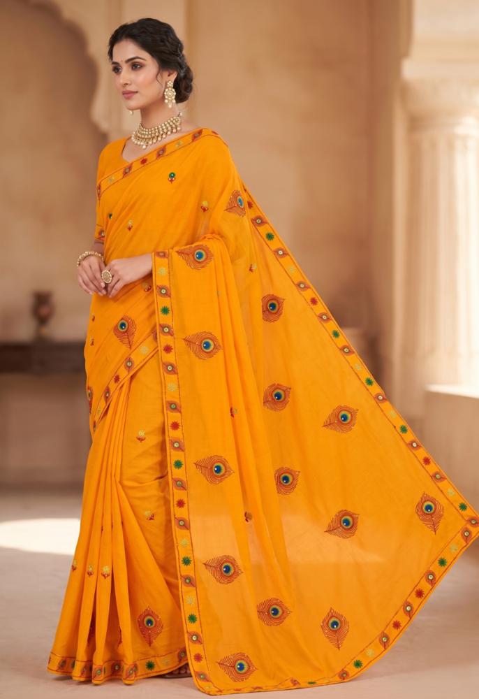 Saree with Embroidered Peacock Feather Motifs & Stone Work