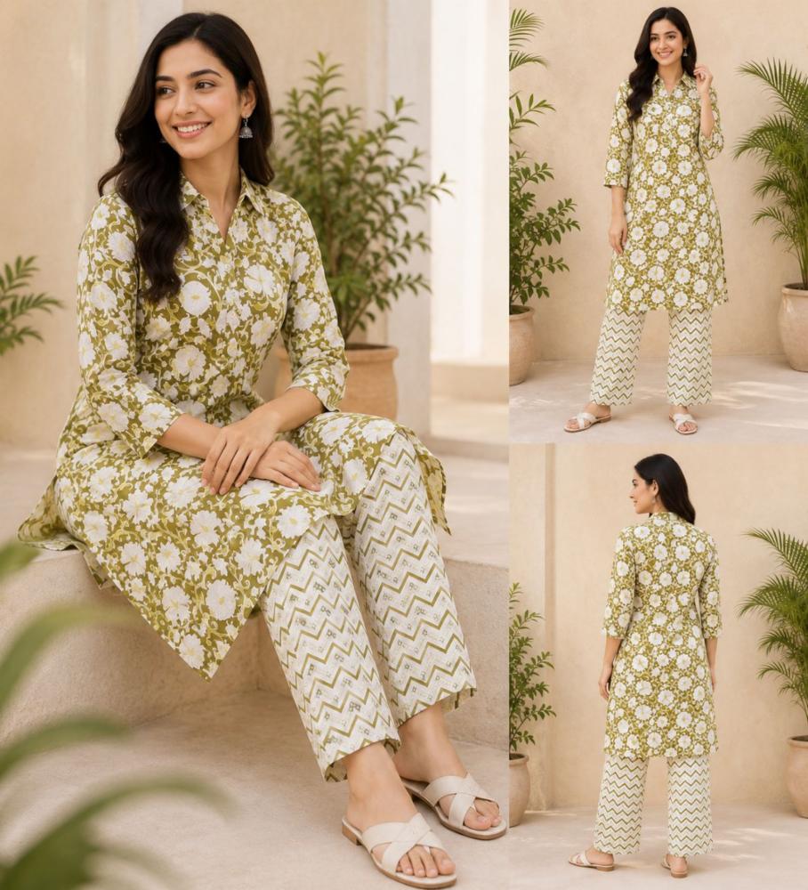 Women's Printed Cotton Kurti Pant Set