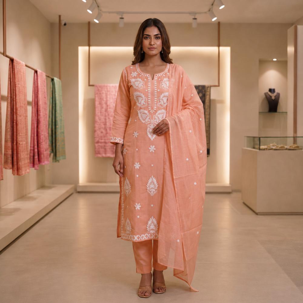 Pure Cotton Women's Suit Set with Jaipuri Print and Chikankari Embroidery