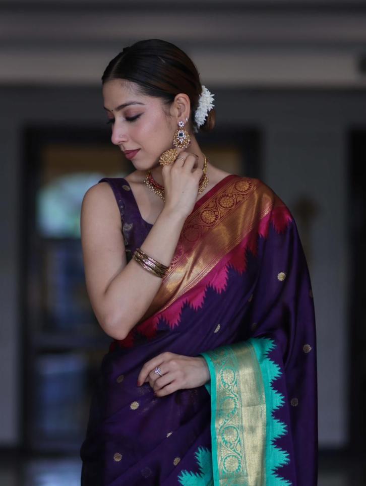Banarasi Semi Katan Silk Saree with Zari Weaving and Contrast Border