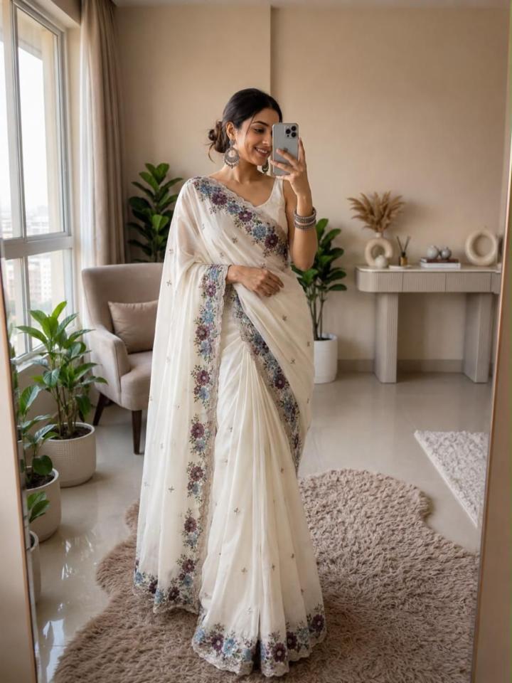 Soft Crush Silk Saree with Multi Color Embroidery and Embroidered Blouse