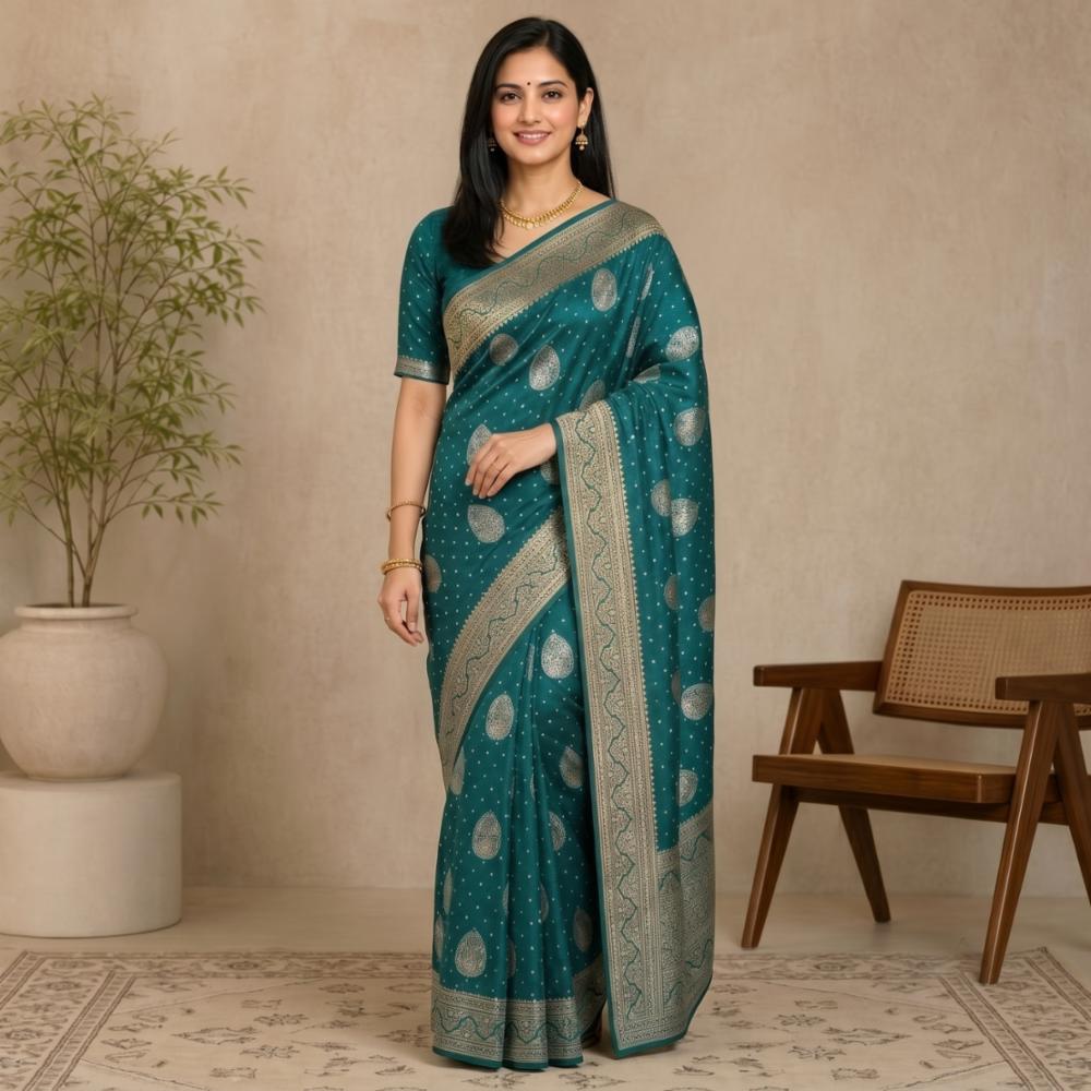 Womenâs Silk Blend Saree with Silver Zari Weaving