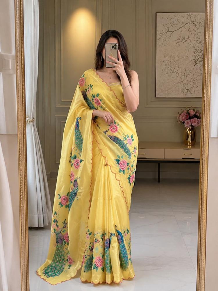 Soft Shinon Fabric Peacock Digital Print Saree with Contrast Mirror Work Border and Blouse