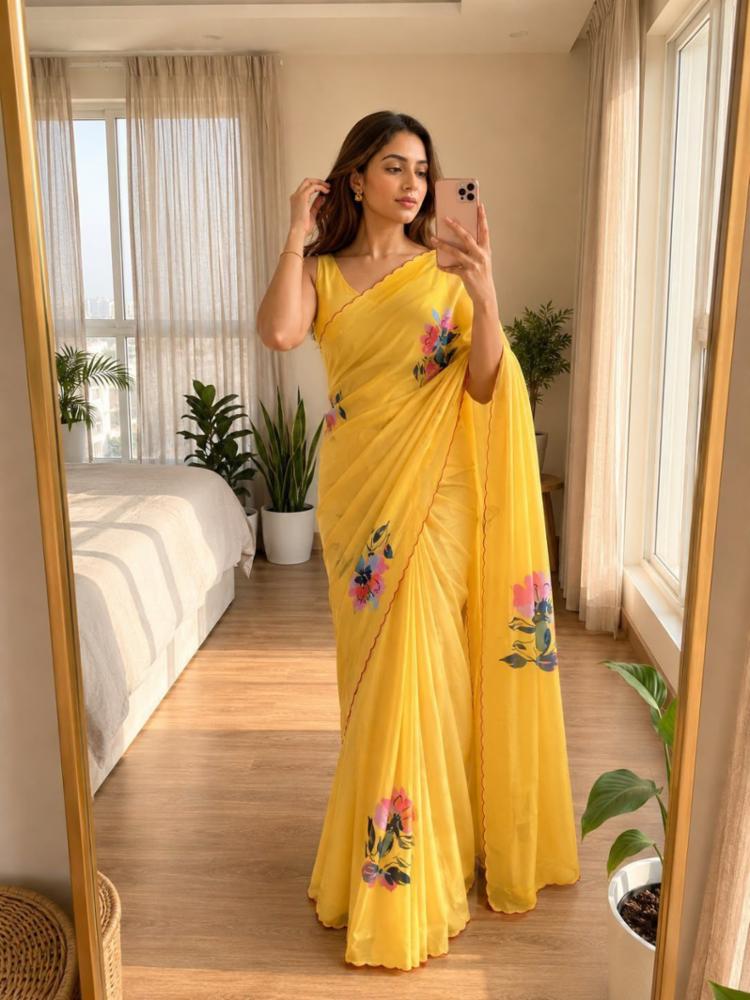 Soft Shinon Floral Print Saree with Cutwork Border and Contrast Blouse