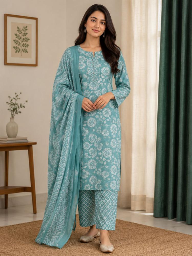 Cotton Unstitched Suit with Neck Embroidery and Printed Dupatta