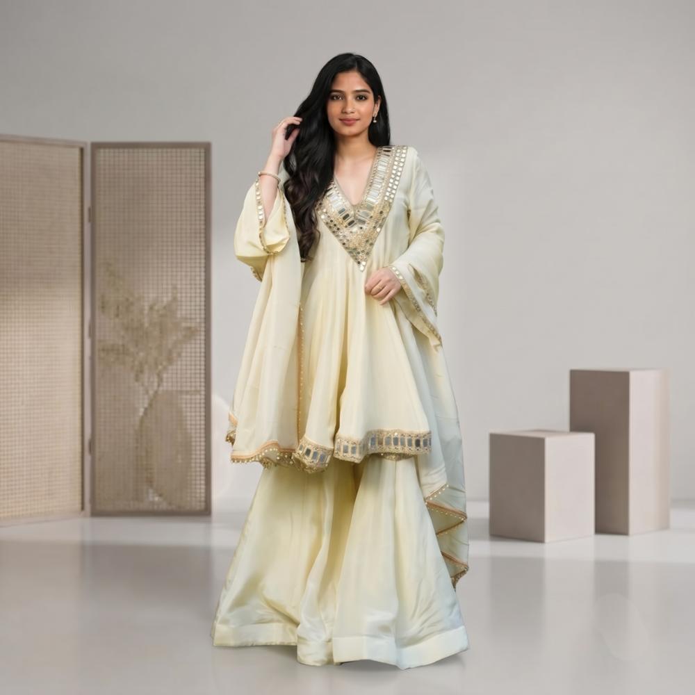 Pure Chinon Silk Mirror Work Kurta Set with Plazo and Dupatta