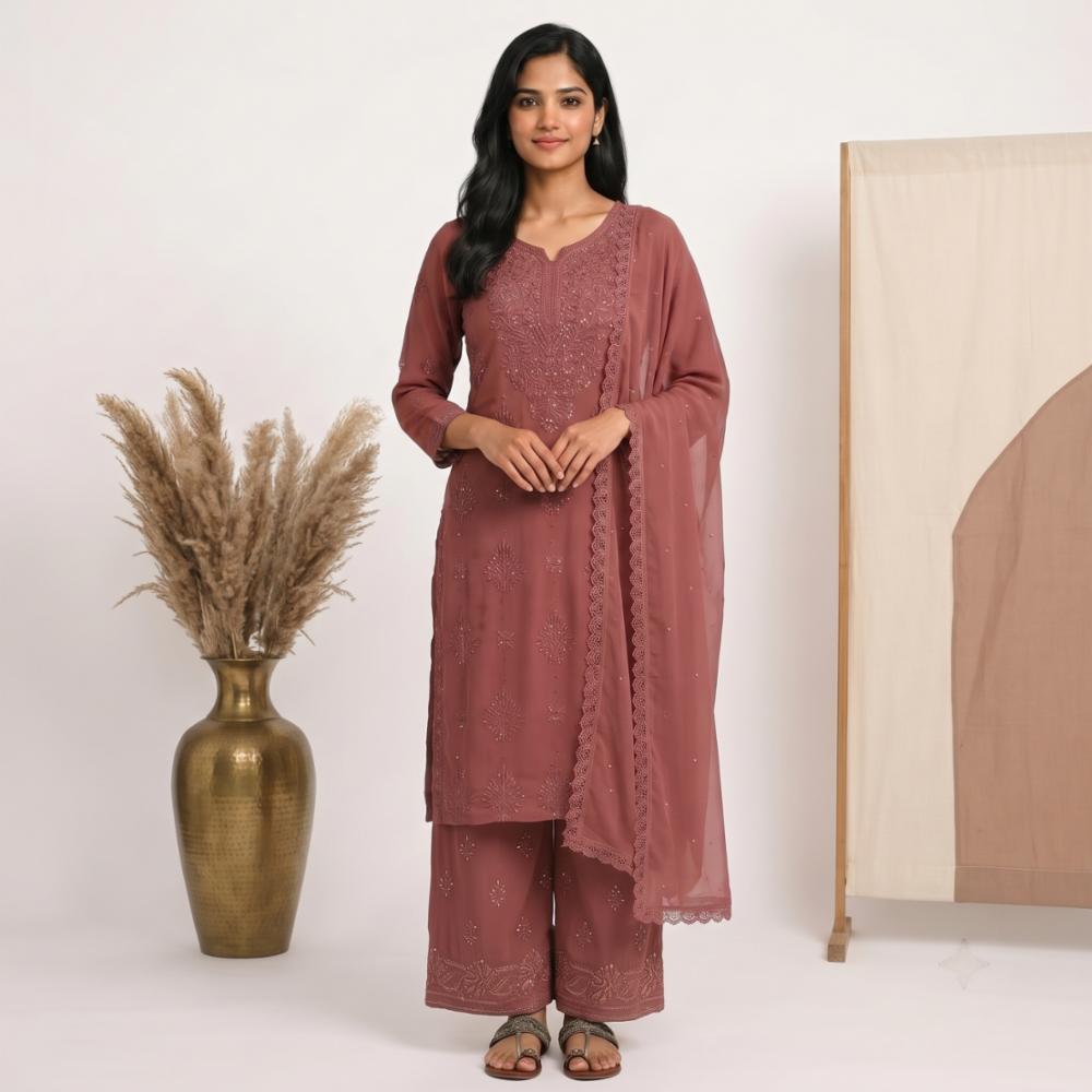 Rich Chocolate Chikankari Suit Set with Dupatta
