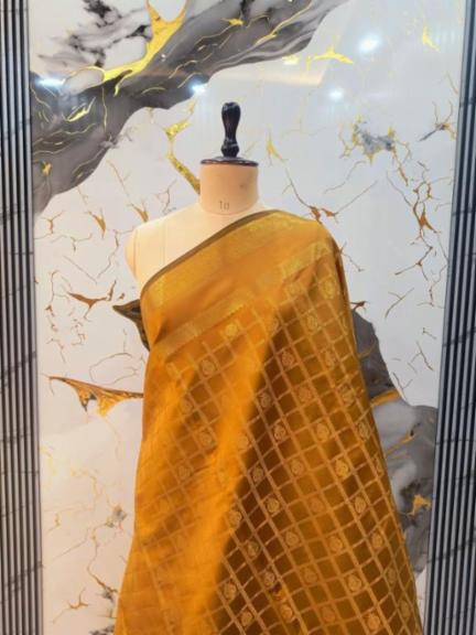 Banarasi Semi Katan Silk Saree with Bandej Design and Dual Zari Border
