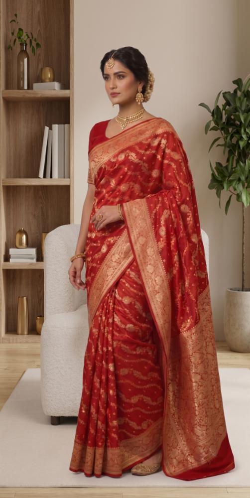 Womenâs Banarasi Silk Blend Saree with Golden Zari Jaal Weaving