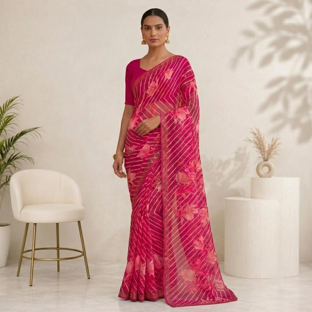 Floral Print Lahariya Georgette Saree with Stone Detailing