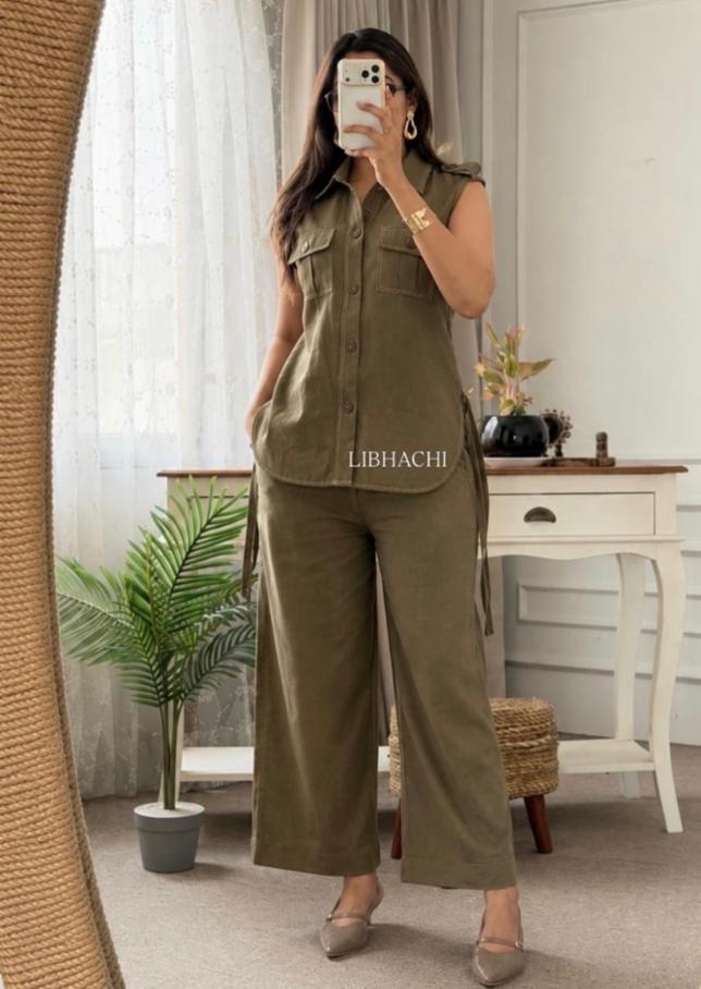 Cotton Flax Co-ord Set with Back Belt and Pant Pockets