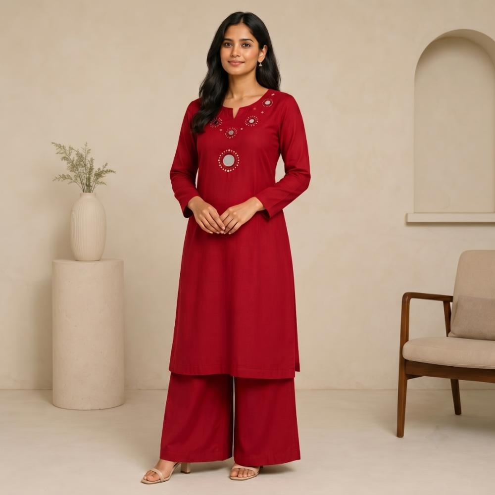 Straight Kurti with Plazo, Mirror & Hand Work