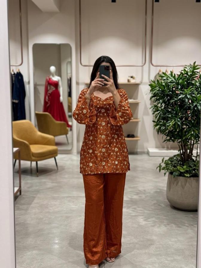 Silk Peplum Kurti Set with Bell Bottom Pants