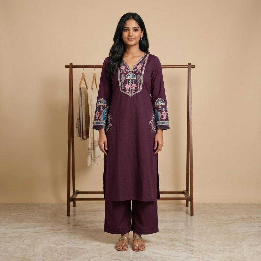 Pure Cotton Embroidered Kurti Set with Plazo