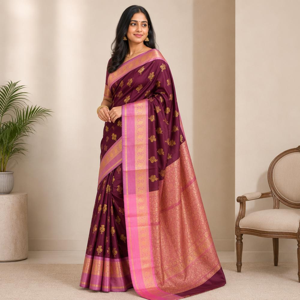 Banarasi Handloom Silk Saree with Double Zari Weaving and Contrast Border
