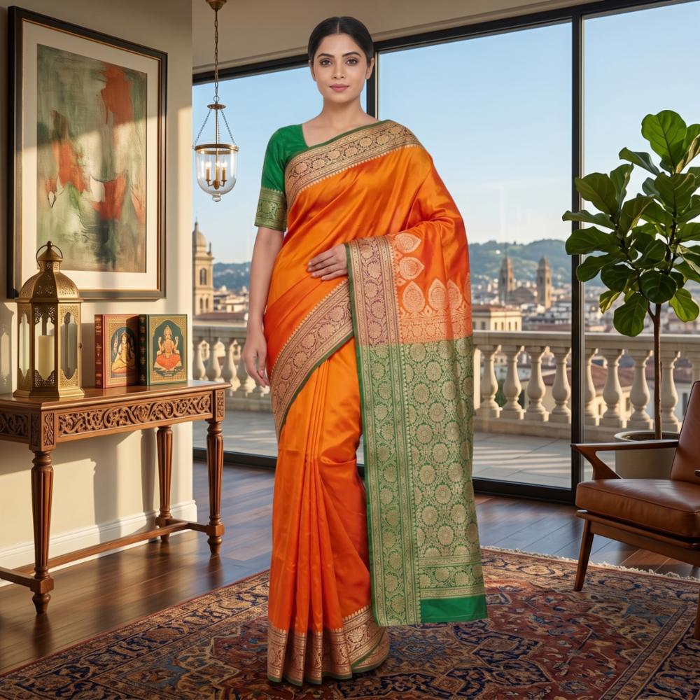 Womenâs Banarasi Gala Border Silk Blend Saree with Gold Zari Pallu 