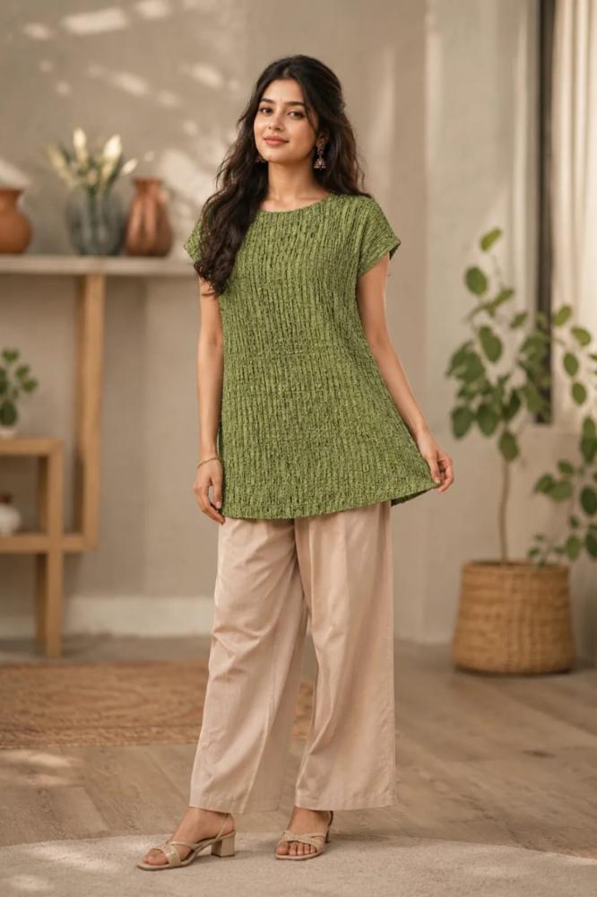 Women's Olive Green Textured Tunic Top | Casual & Office Wear