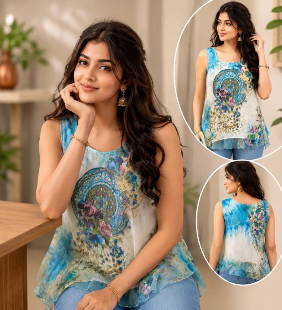 Womenâs Blue Abstract Floral Sleeveless Tunic Top