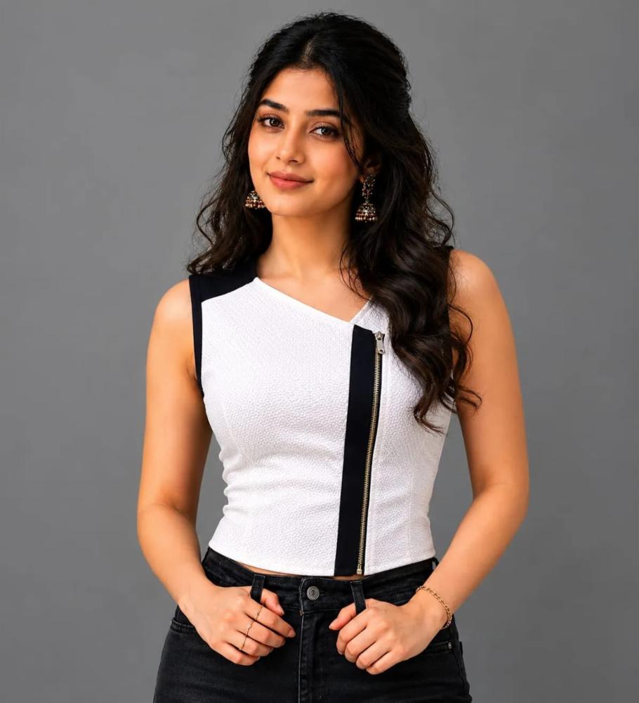 White and Black Asymmetrical Zip Crop Top in Scuba Crepe