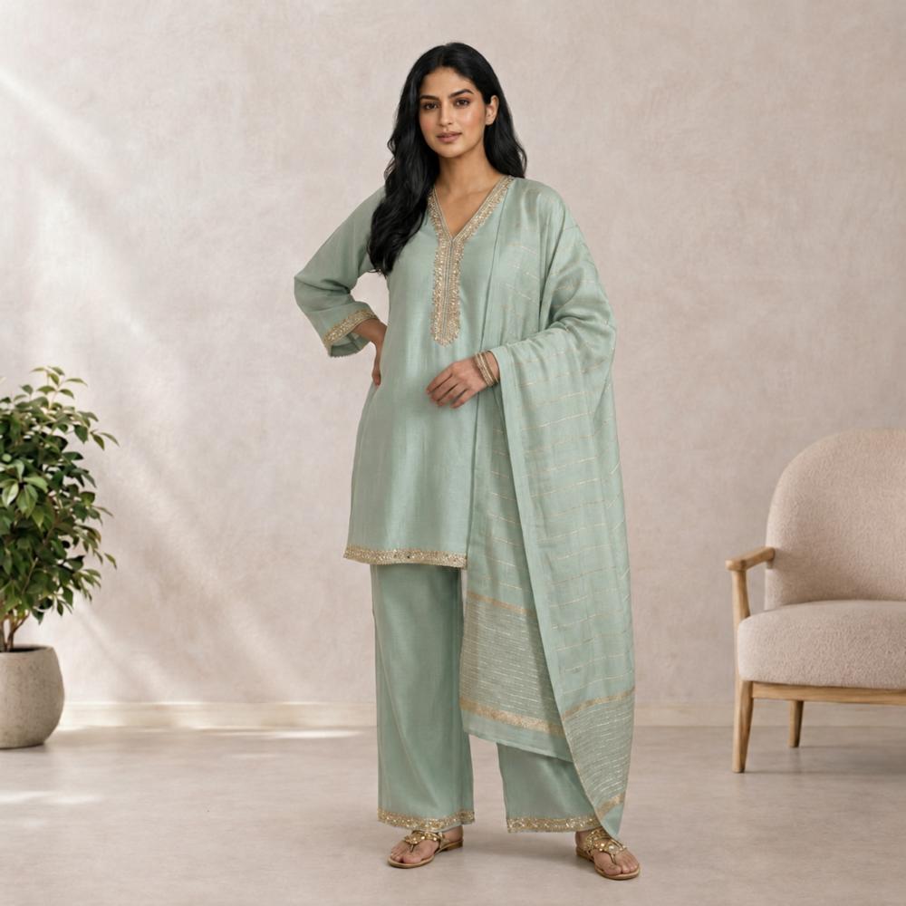 Pure Banana Silk Plazo Set with Jacquard Dupatta