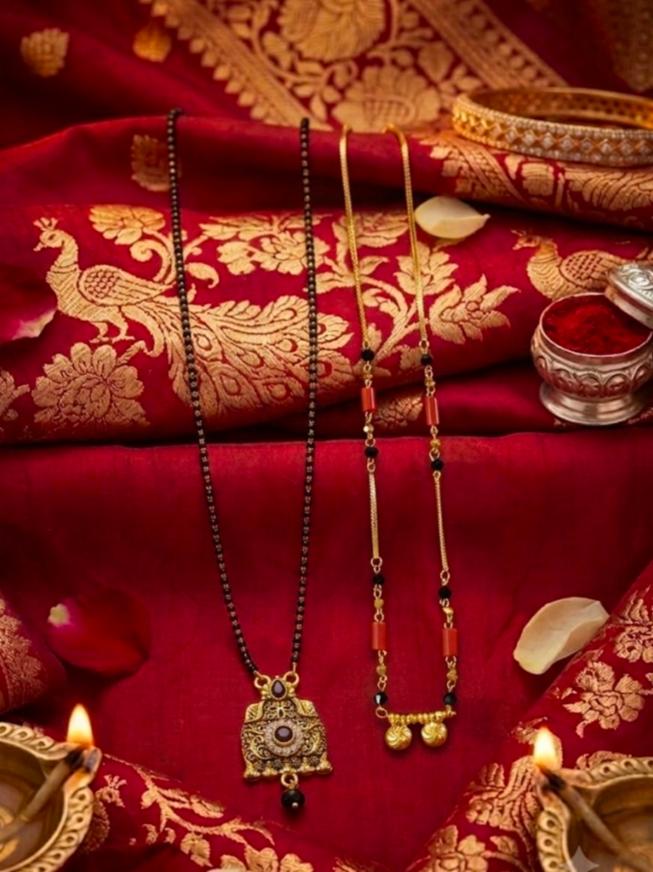 Combo Set of 2 Alloy Gold-Plated Mangalsutras with Artificial Beads and Stones