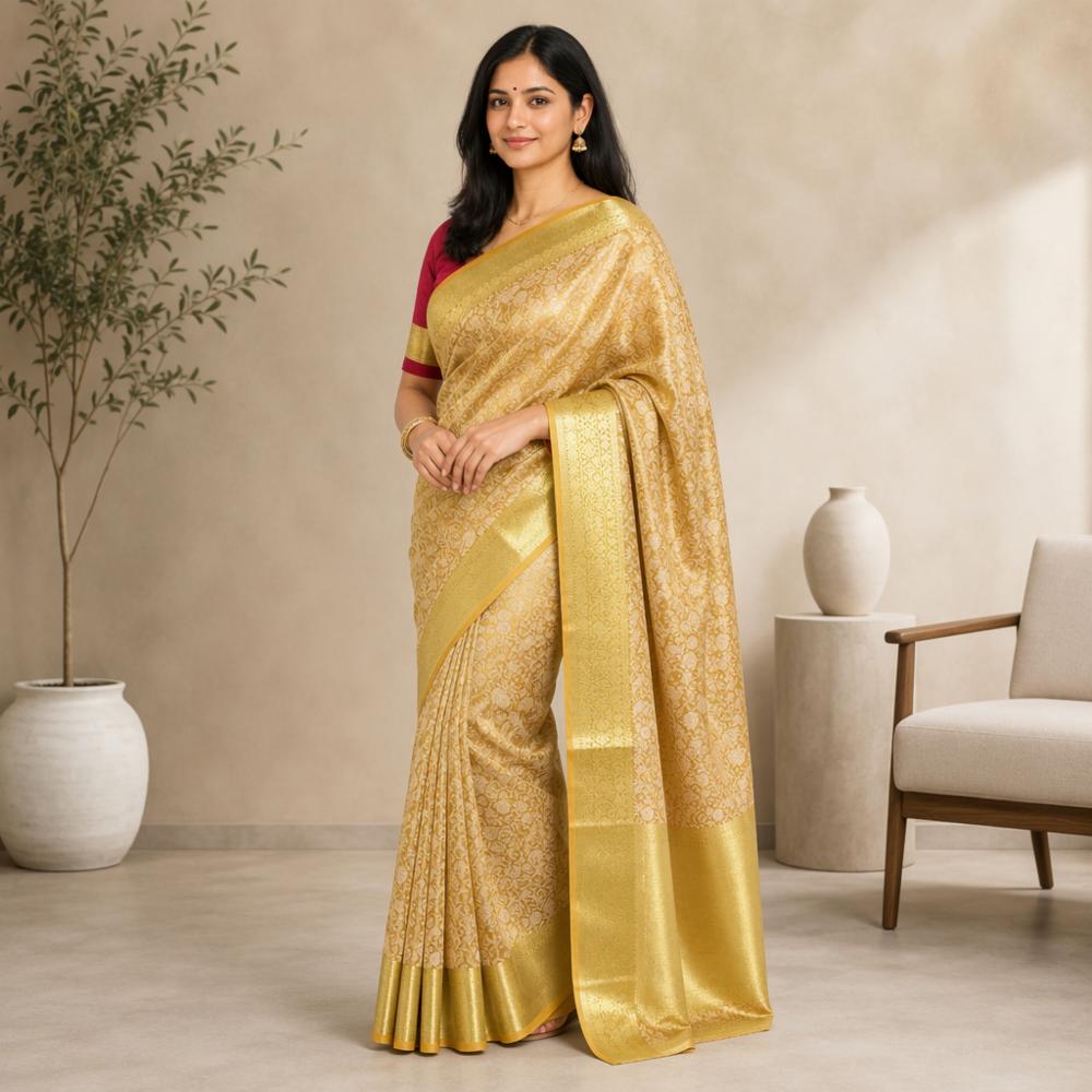 Banarasi Handloom Tissue Silk Saree with Floral Design and Jacquard Blouse