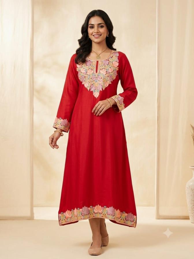 Aari Work Long Kurti in Cotton Red