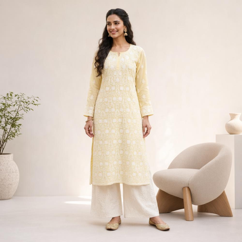 Georgette Aari Work Long Kurti with All Over Embroidery