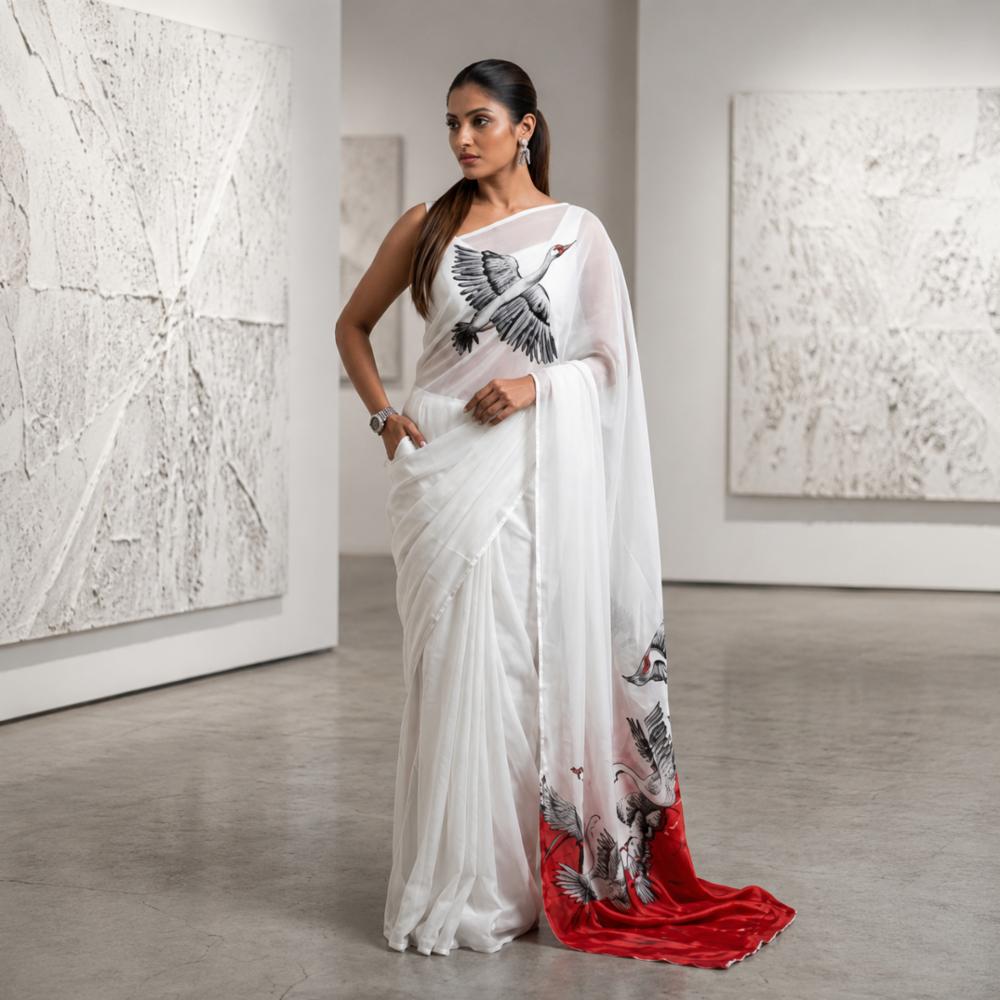Saree with Swan Digital Print and Blouse Piece