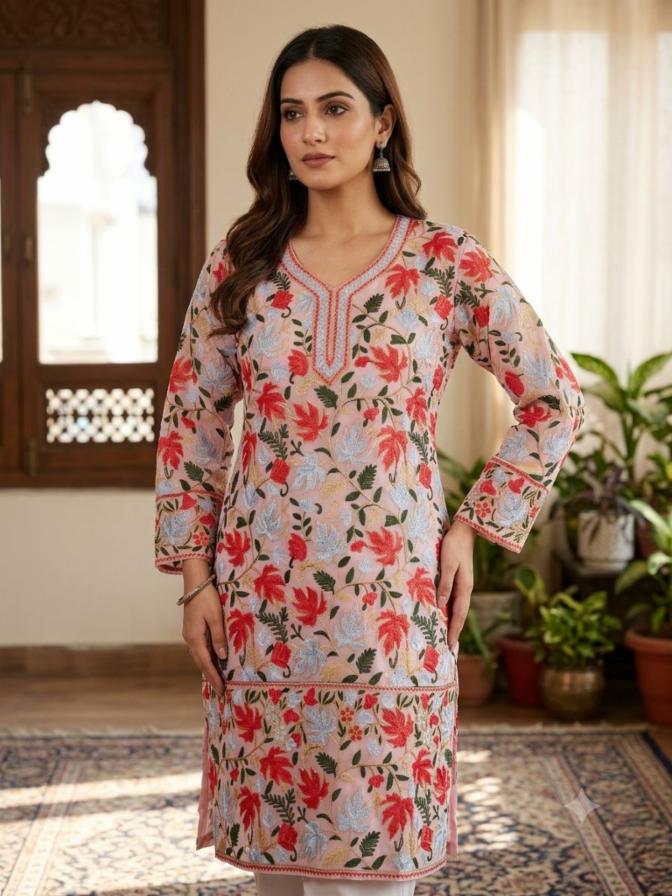 Aari Work Short Kurti Georgette Embroidered Front