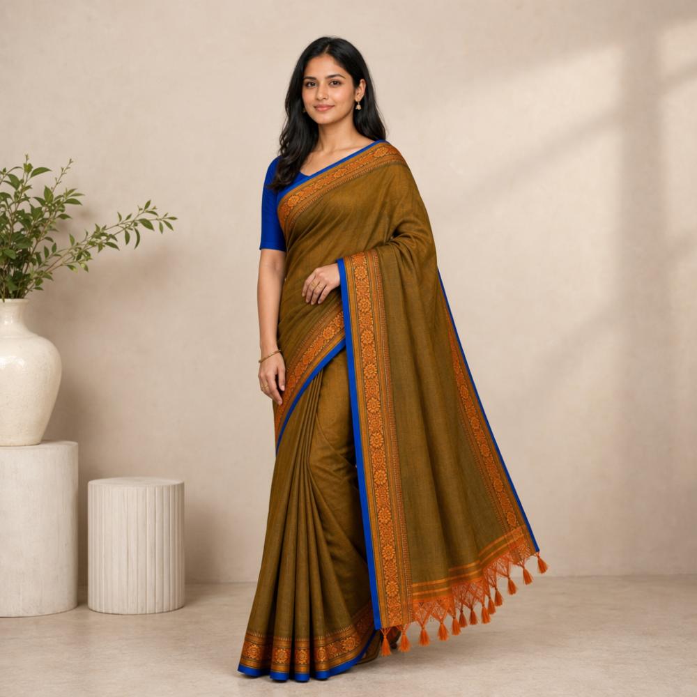 Women's Pure Jijamata Silk Cotton Saree with Traditional Border & Running Blouse