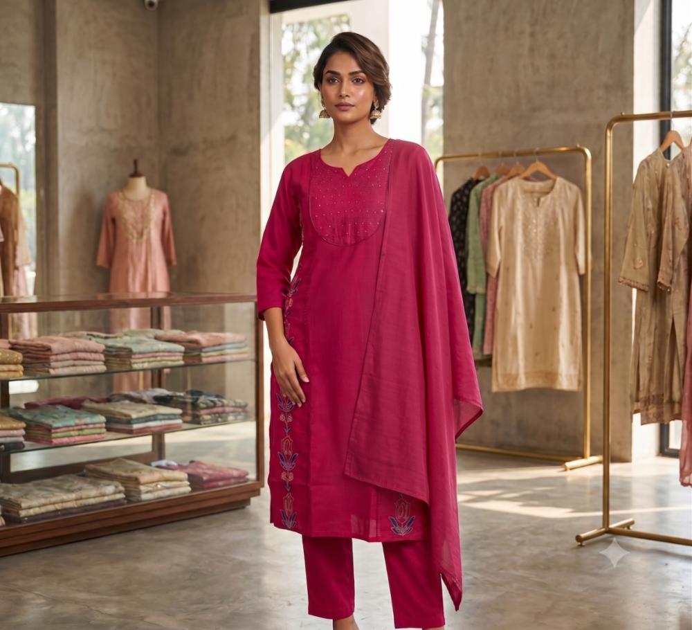 Women's Embroidered Straight Kurta Set with Dupatta | Cotton Blend Ethnic Suit Set