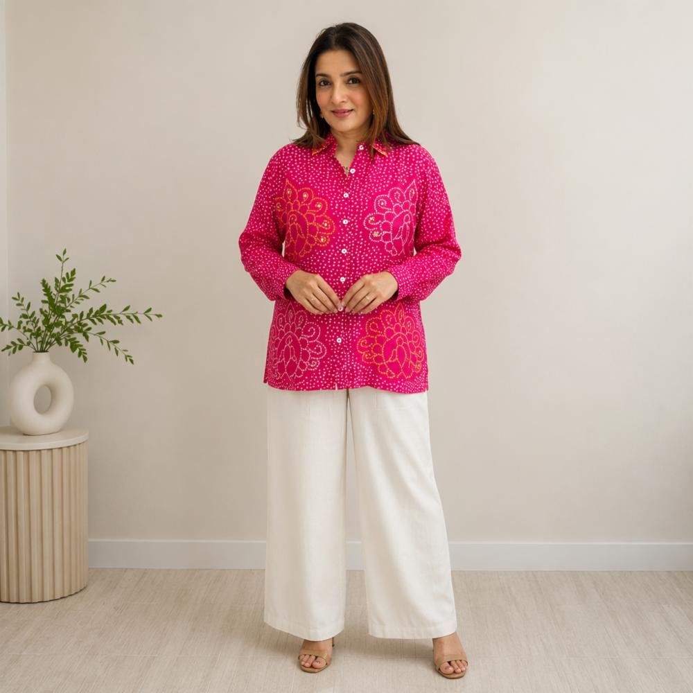 Burberry Silk Bandhej Co-ord Set with Mirror Work and Khadi Pant