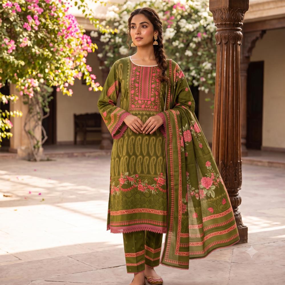 Women's Olive Green Printed Kurta Set with Dupatta | Floral Ethnic Suit Set