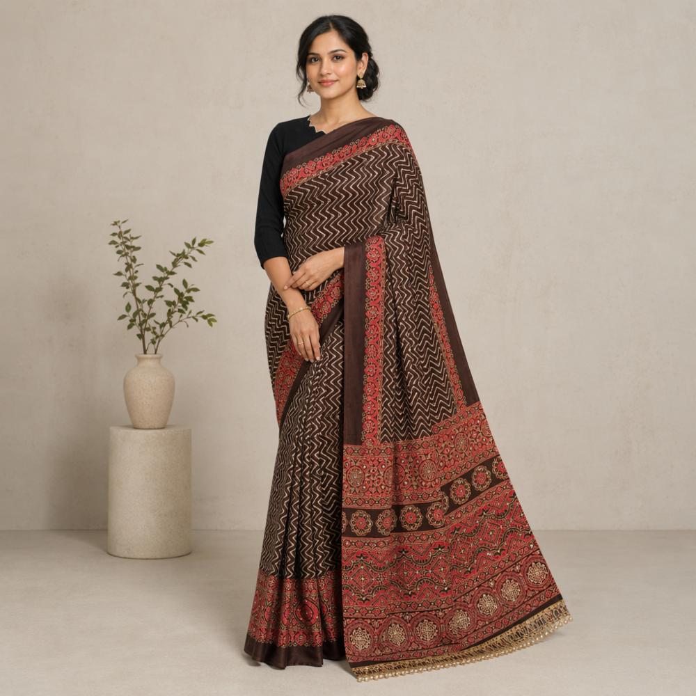 Ajrakh Satin Viscose Silk Mirror Work Saree with Blouse