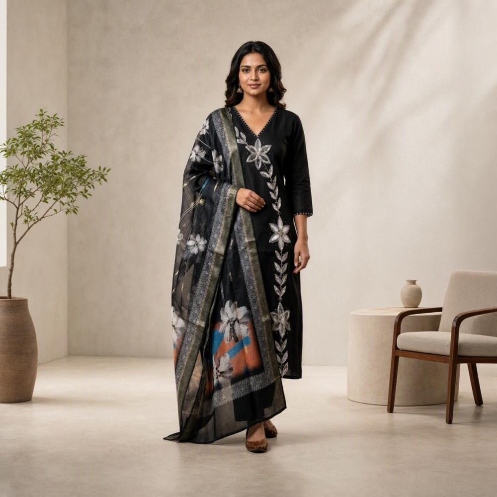 Women's Embroidered Silk Kurta Pant & Organza Dupatta Set | Mirror Work Ethnic Suit