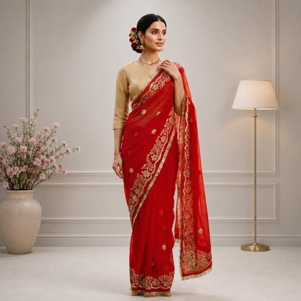 Gorgatte Fabric Raibin Work Saree with Unstitched Blouse