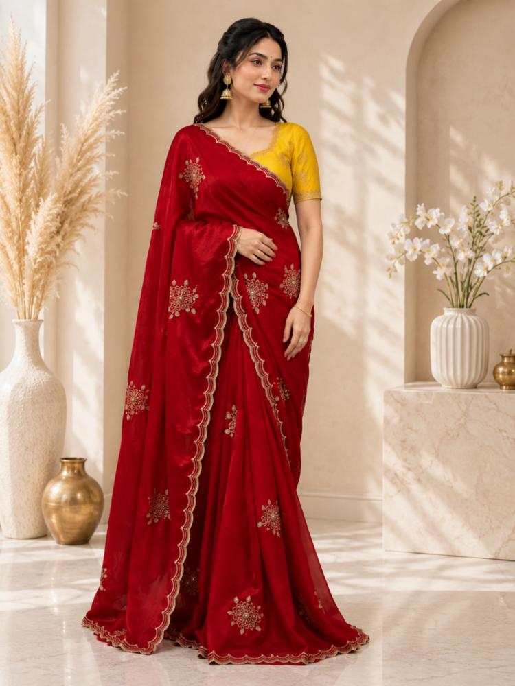 Women's Pure Soft Rangoli Silk Saree with Embroidery Work & Contrast Blouse