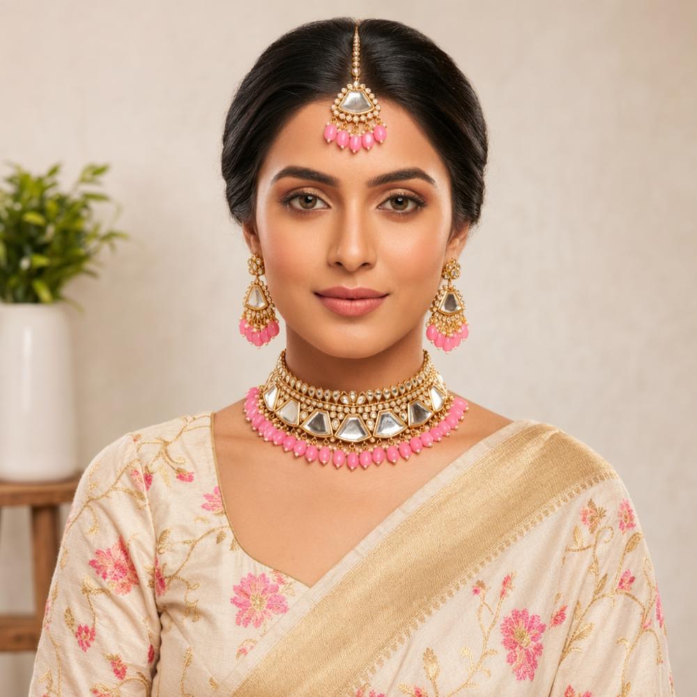 Meera Set Gold Plated Alloy Choker and Earrings with Kundan Stones