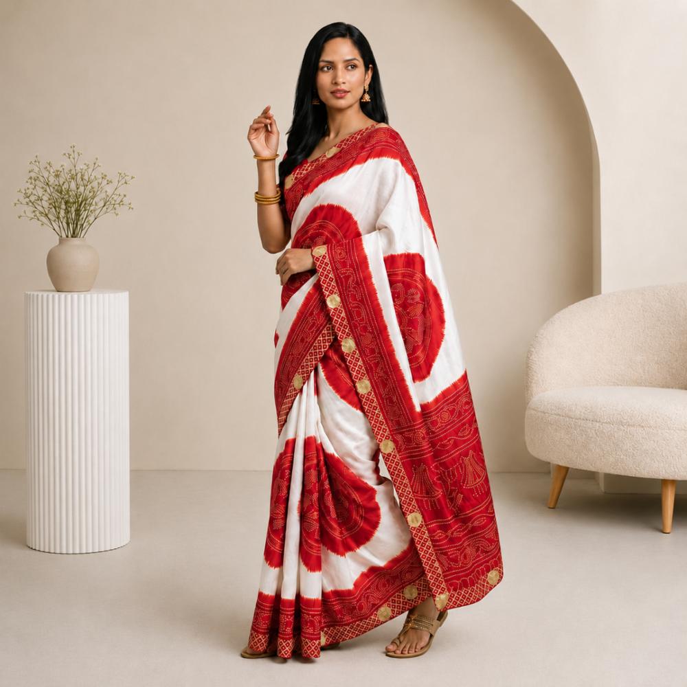 Bandhej Print Pallu Saree with Gota Lace Border