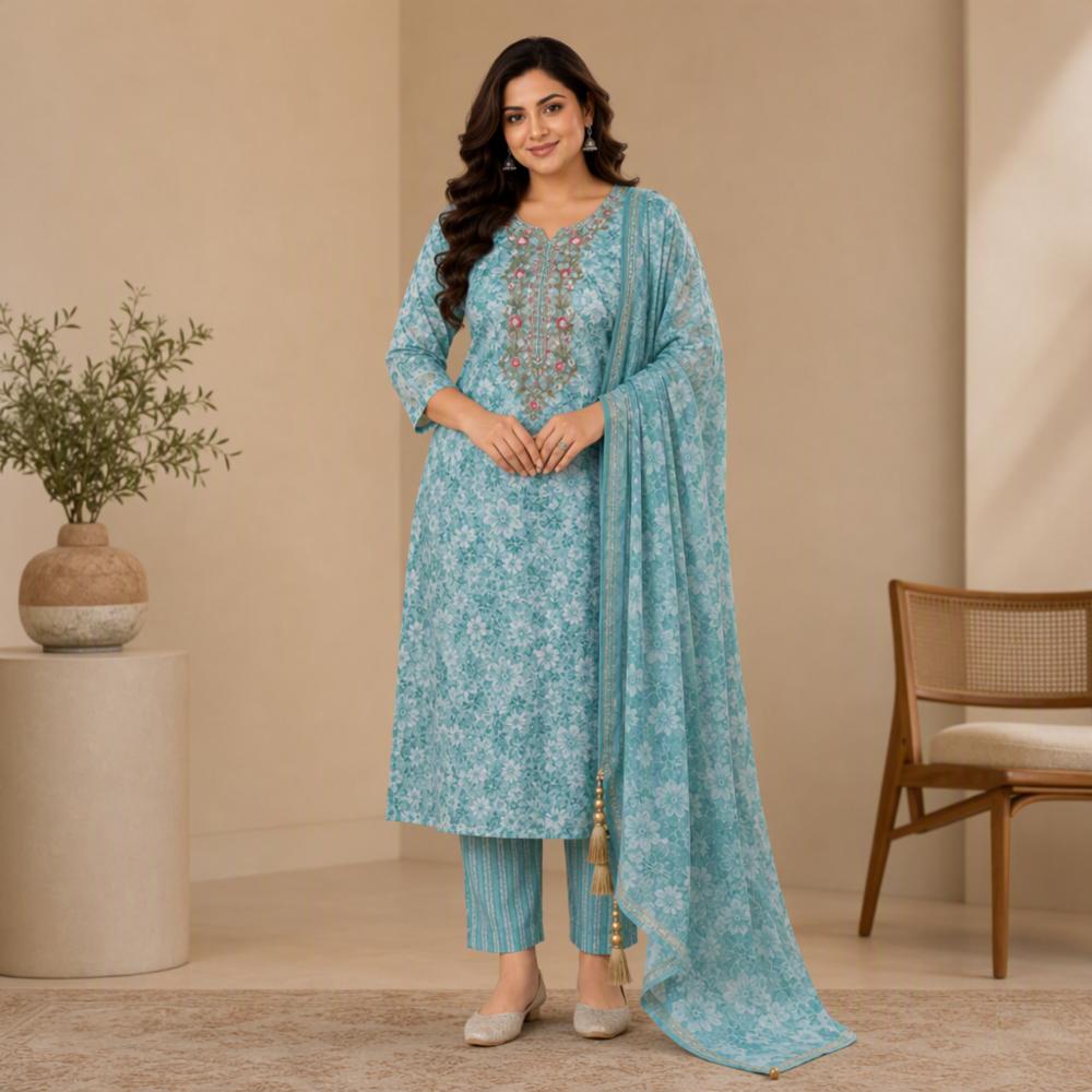 Women's Premium Pure Cotton Kurta Pant Dupatta Set | Handwork Ethnic Suit