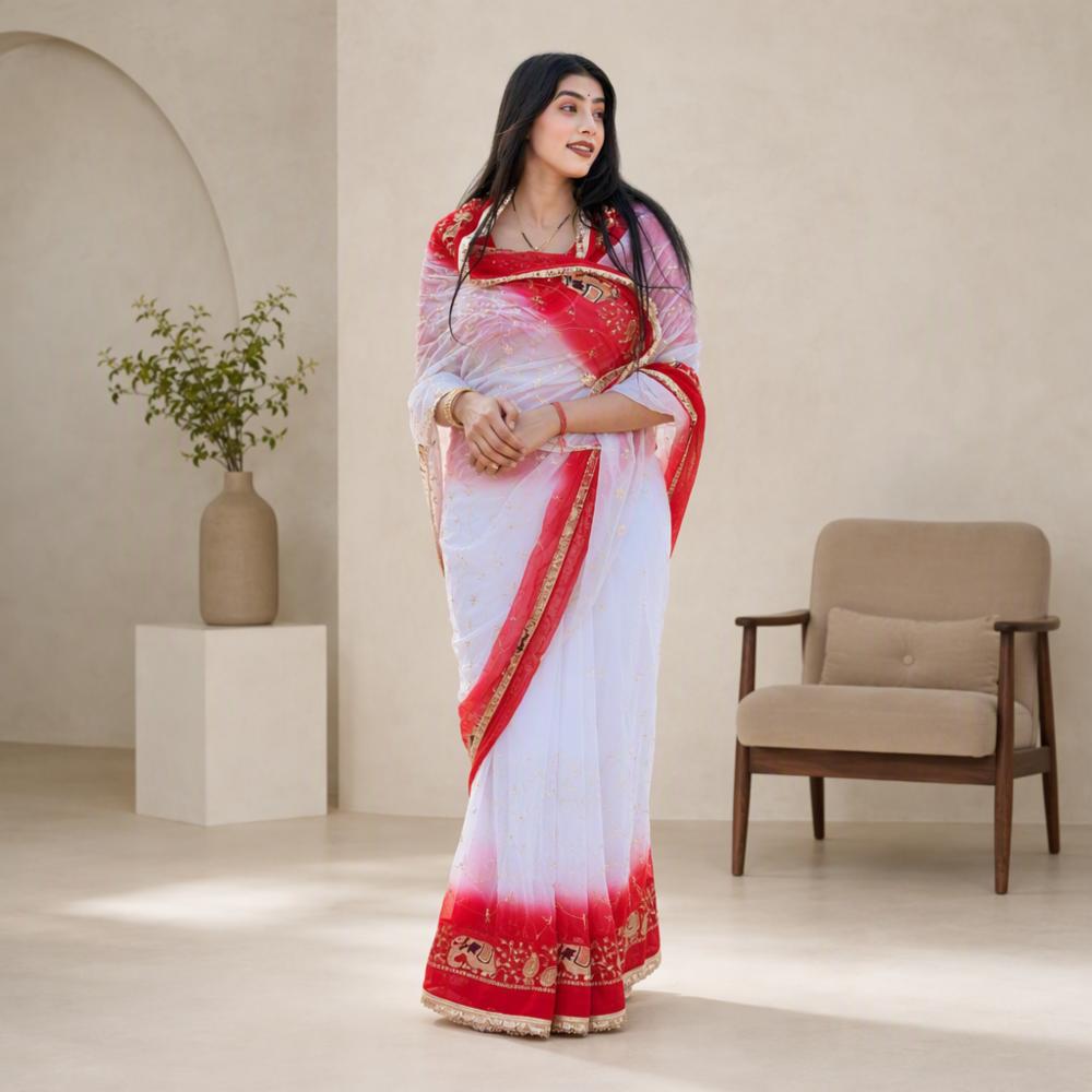 White Georgette Saree with Rajwadi Sequence Pallu and Unstitched Blouse