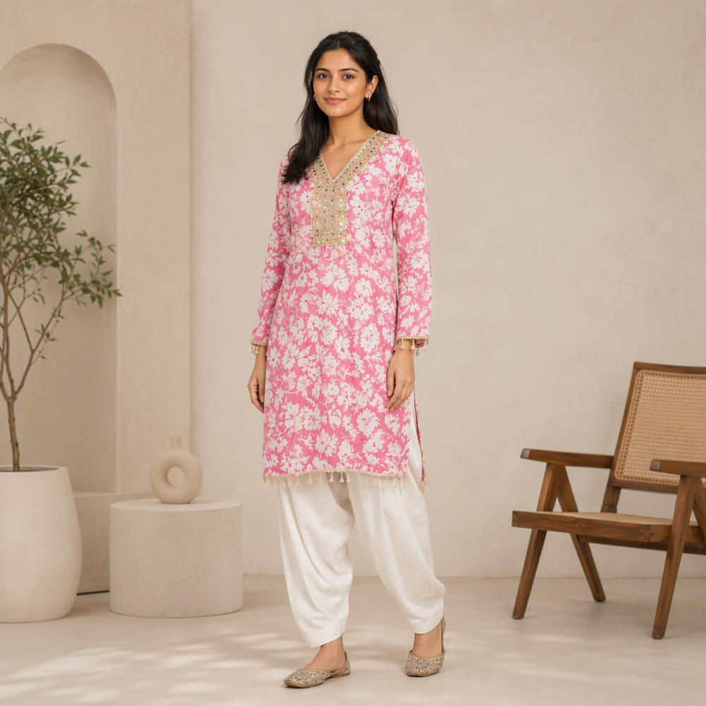 Women's Floral Printed Farsi Suit with White Salwar | Elegant Ethnic Wear | Rakhi Special
