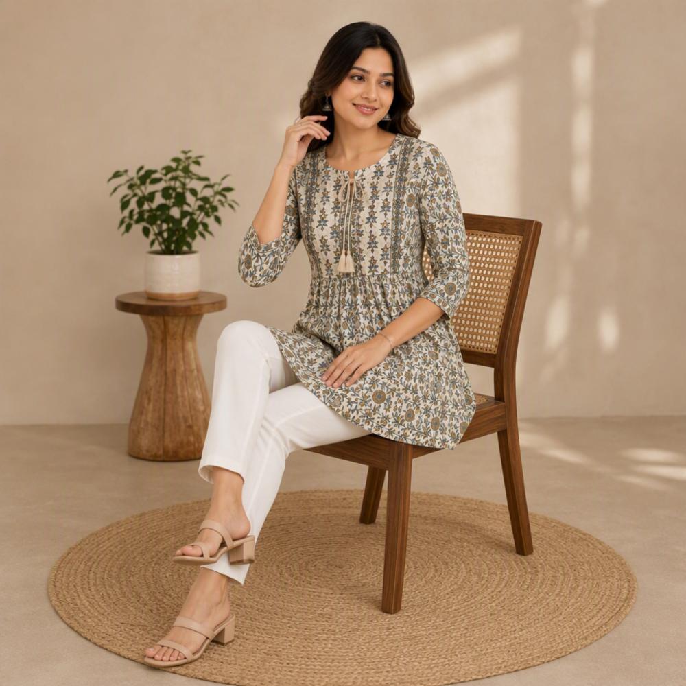 Women's Cream Ajrak Print Kurti with Beads & Mirror Work | Ethnic Casual & Festive Wear