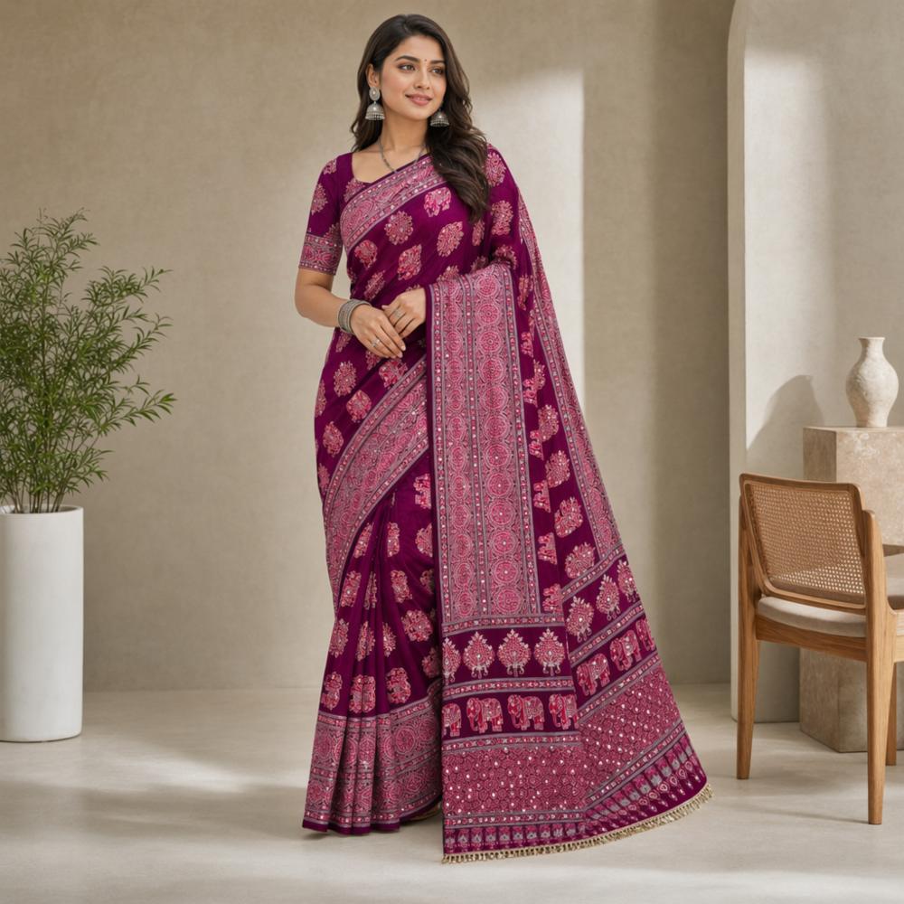 Women's Pure Arjakh Satin Viscose Silk Saree with Mirror Work & Designer Blouse