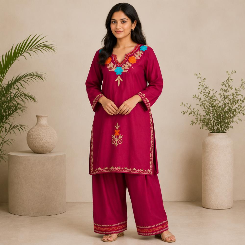 Women's Premium Kashmiri Embroidered Farsi Suit | Cotton Blend | Plus Size