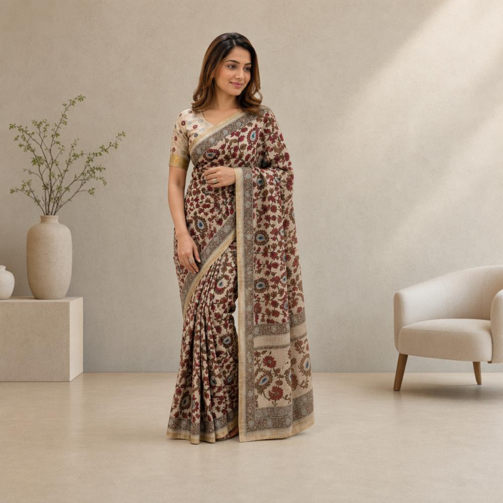 Women's Star Georgette Embroidered Saree with Mirror Work & Contrast Blouse