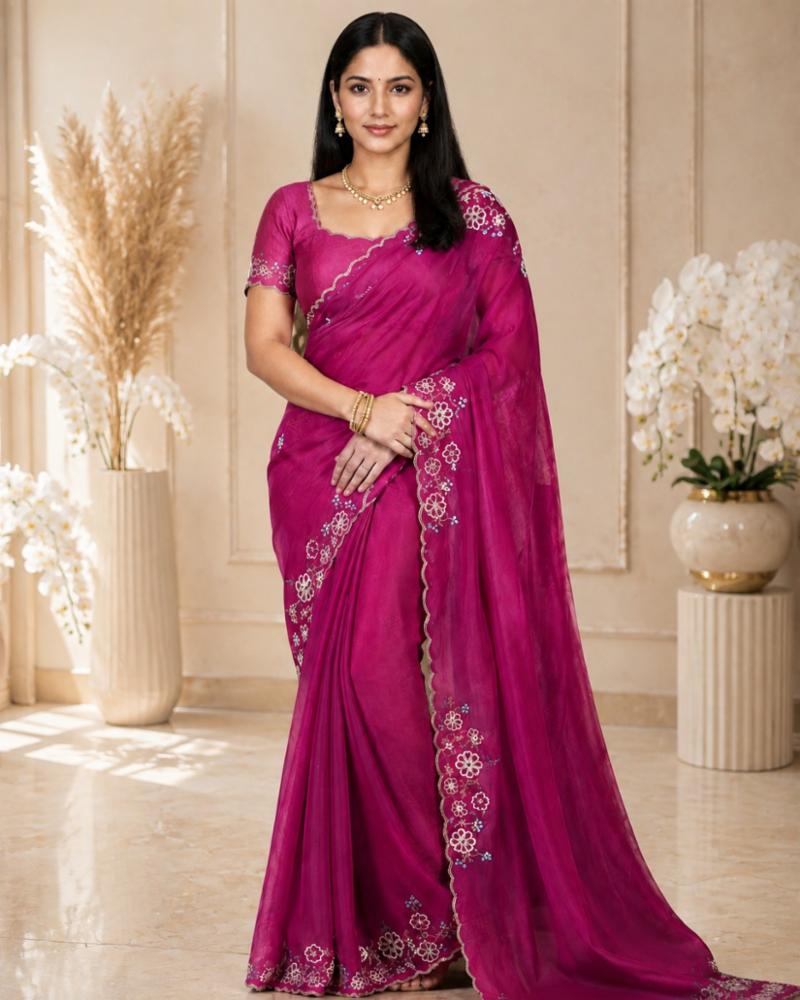 Women's Rangoli Crush Saree with Pearl & Cutdana Handwork | Designer Party & Festive Wear