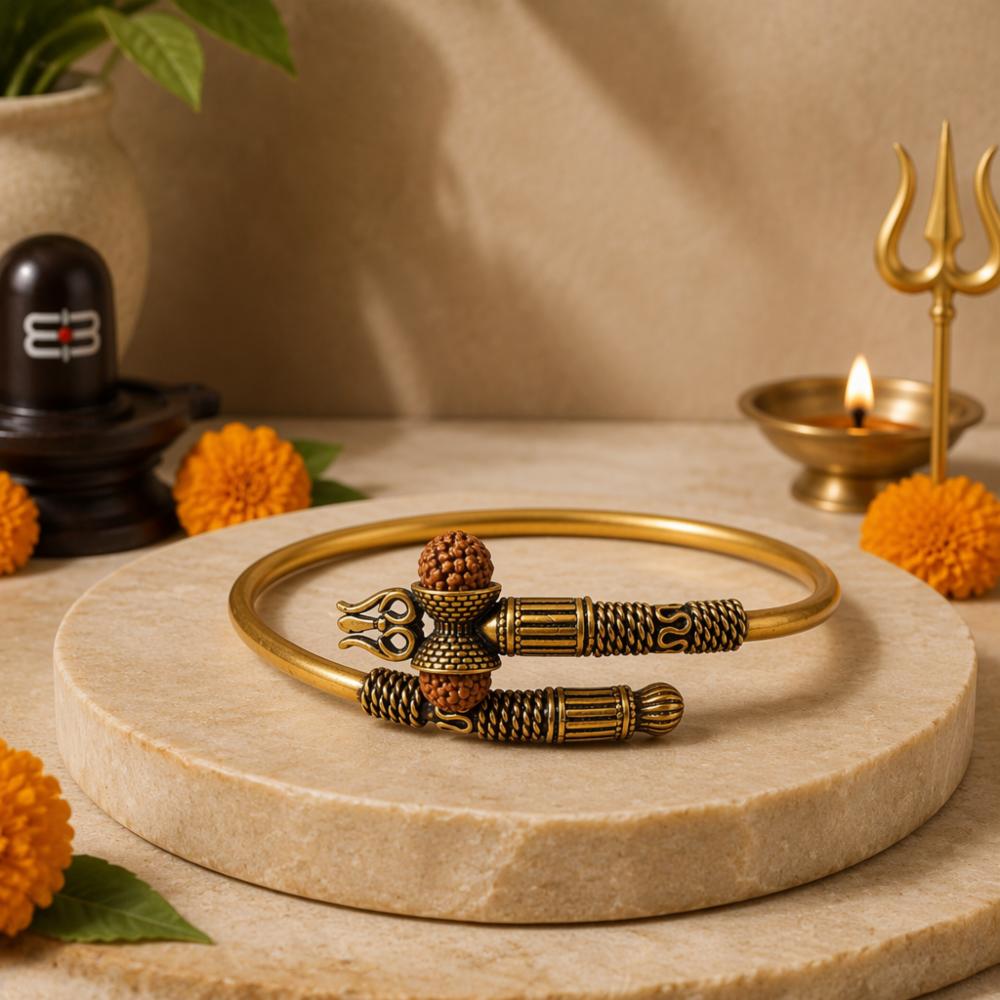 Handmade Rudraksha Trishul Adjustable Gold Tone Cuff Bracelet